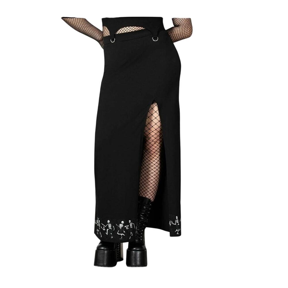 Killstar Black Dancing Skeleton Goth Maxi Skirt High Slit NWT XS